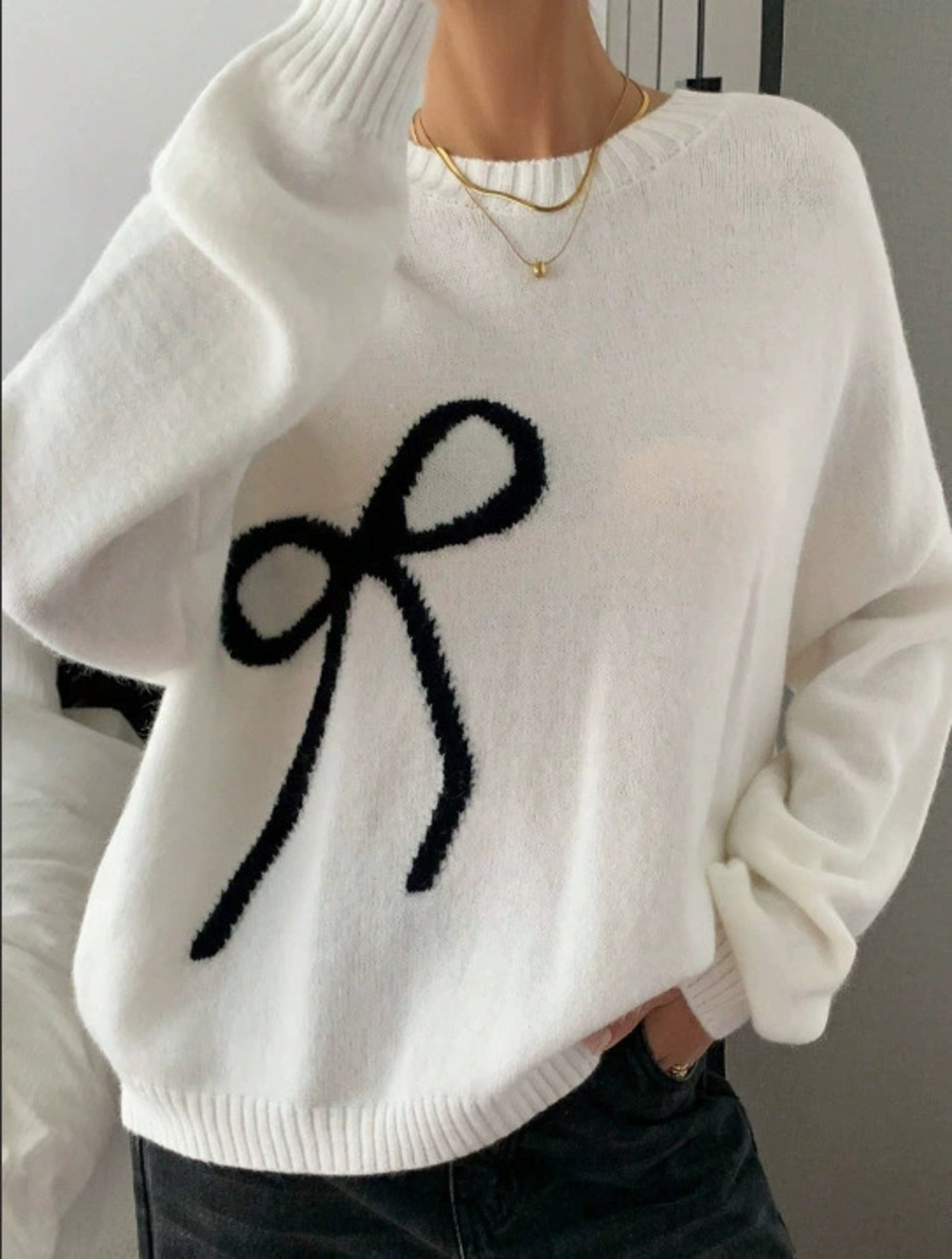 ZARA Retro Oversized Round Neck Pullover Sweater with Bow for Women Office